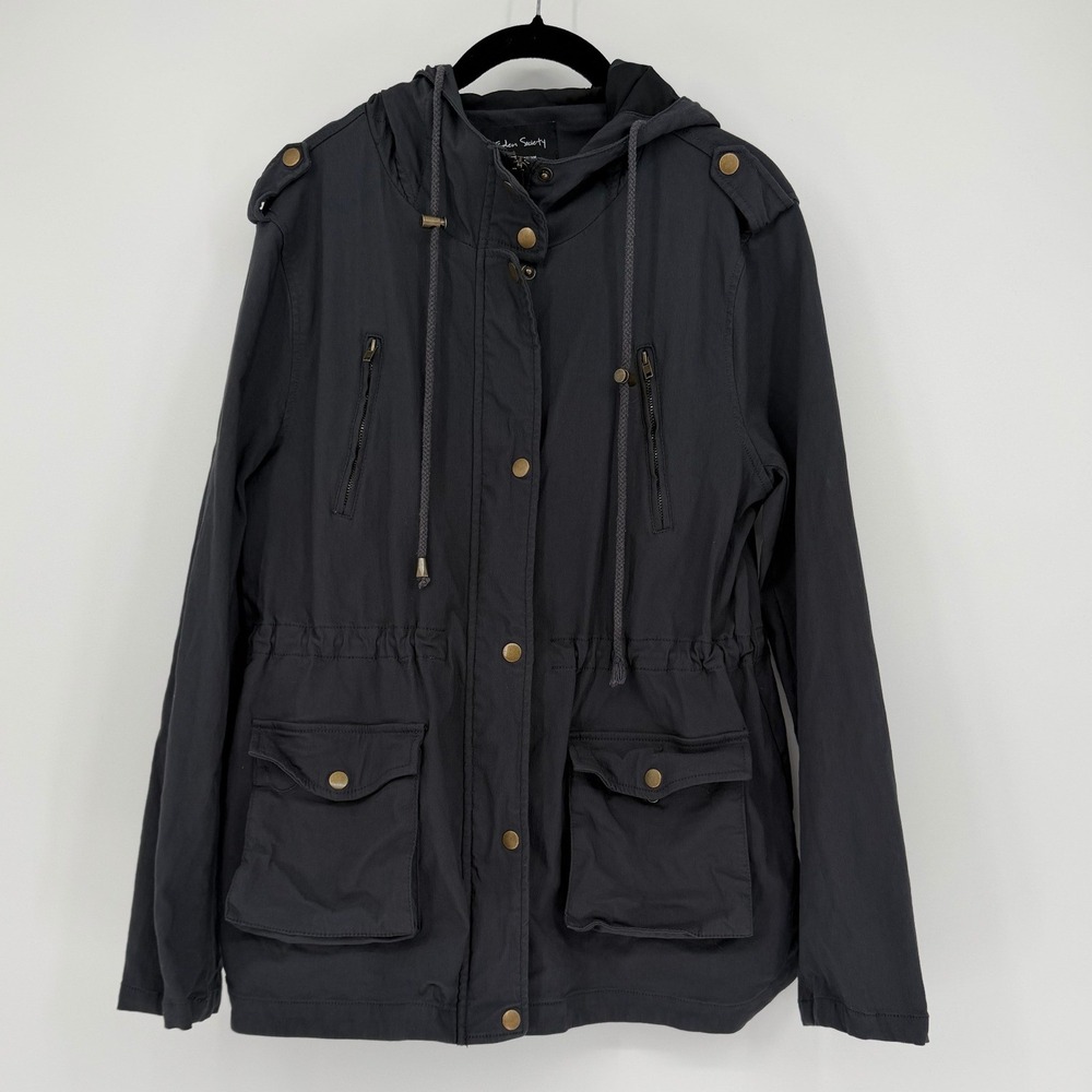 Eden Society Womens Utility Jacket XL Charcoal Gray Hooded Drawstring Waist Coat - Picture 1 of 16